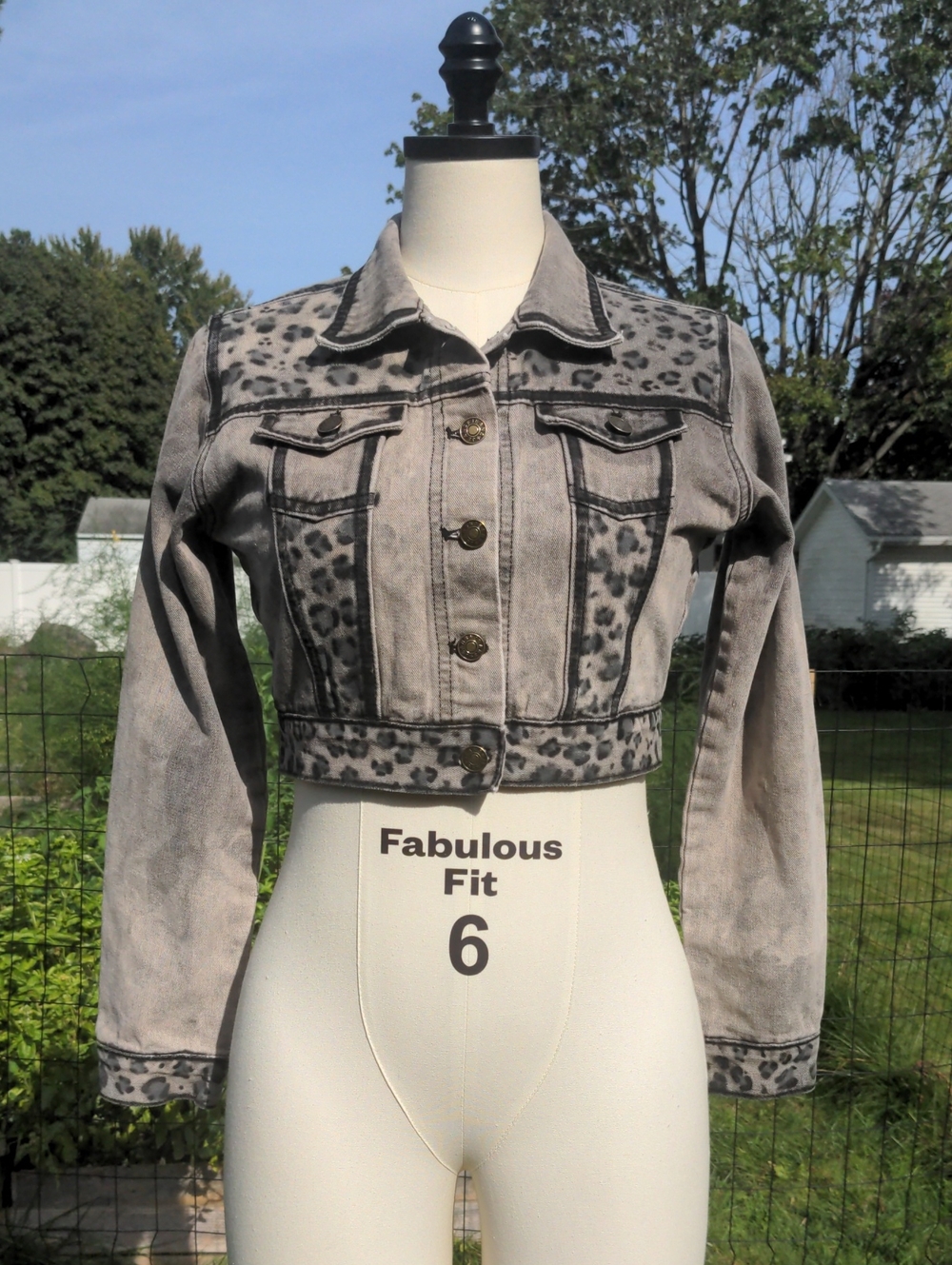 Leopard Cropped Denim Jacket, Hand Painted OOAK Upcycled Grey Black Small